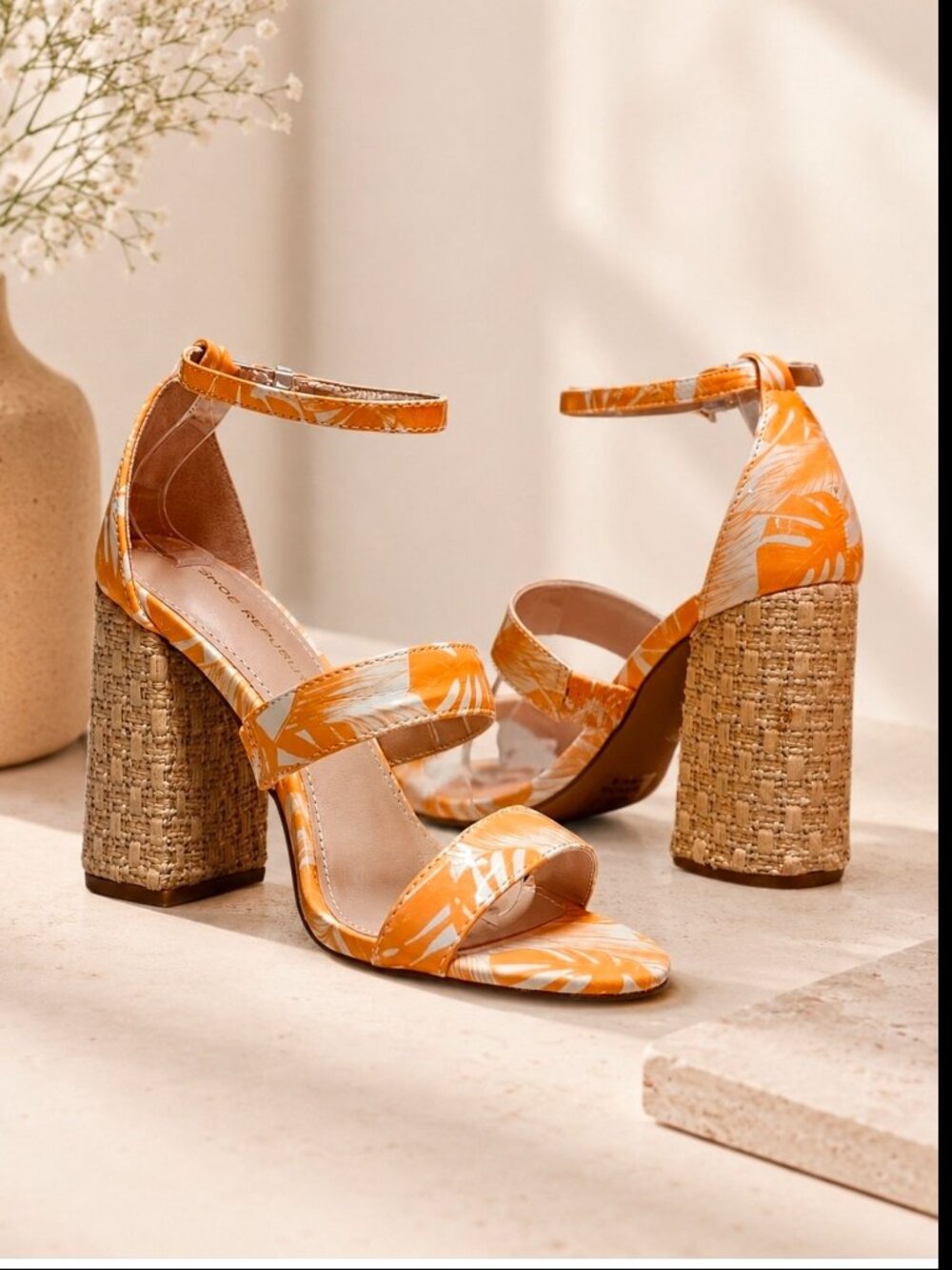 Orange Palm-Print Block Heel Sandals With Cork Texture & Adjustable Ankle Strap